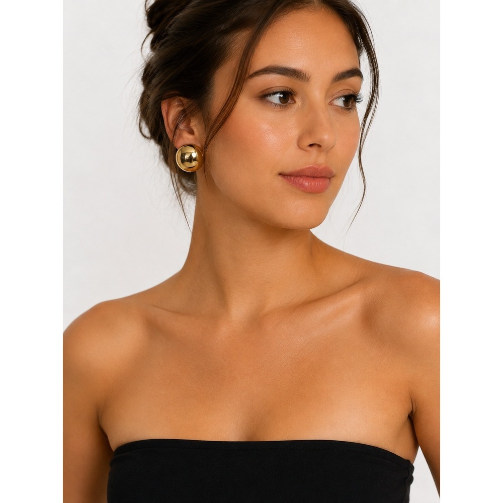 Gold Tone Domed Statement Clip-On‎ Earrings Oversized Round Button Jewelry